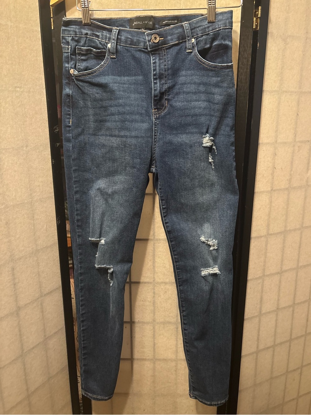 KENDALL + KYLIE TheKontour High-Rise Distressed Skinny Jeans, Dark Blue Stretch